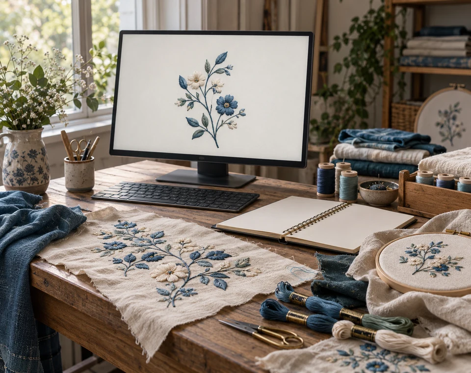 Illustration générée par IA : préparation d’un motif floral sur ordinateur, sans reproduction de l’interface du logiciel